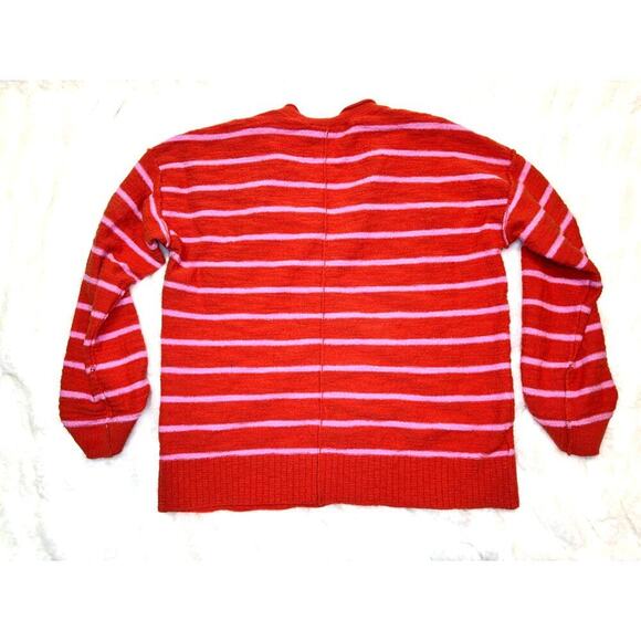 Loft Marled Texture, Coral & Pink Striped, Women's Medium V-Neck Sweater - Picture 2 of 5